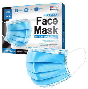 Medical Grade Surgical protective Face Mask, EN14683 CE Certified, 98.5% BFE, Water Resistant, Fluid Repellent, Three Layer Filtration, Disposable, Hypoallergenic, UK Brand